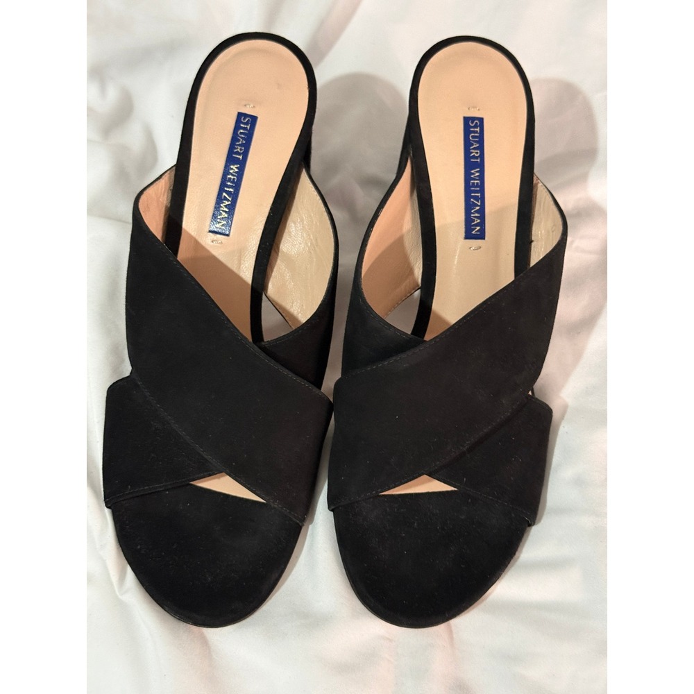 Stuart Weitzman Galene Black Suede Block Heel Mules Open Toe Sandals Spain 8.5 - Picture 10 of 10